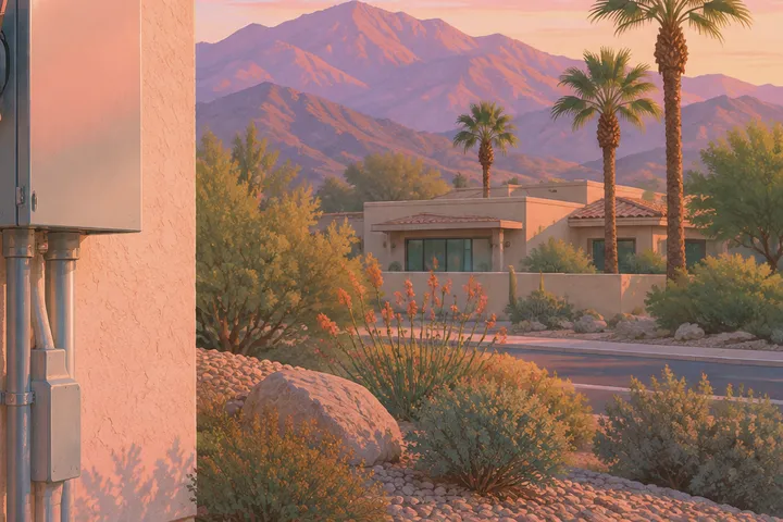 Illustrative desert home with residential AC equipment
