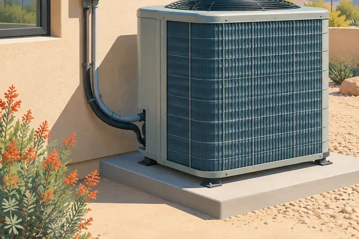 Illustrative desert home with residential AC equipment