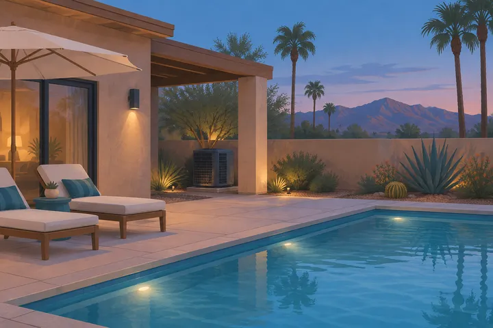 Illustrative desert home with residential AC equipment