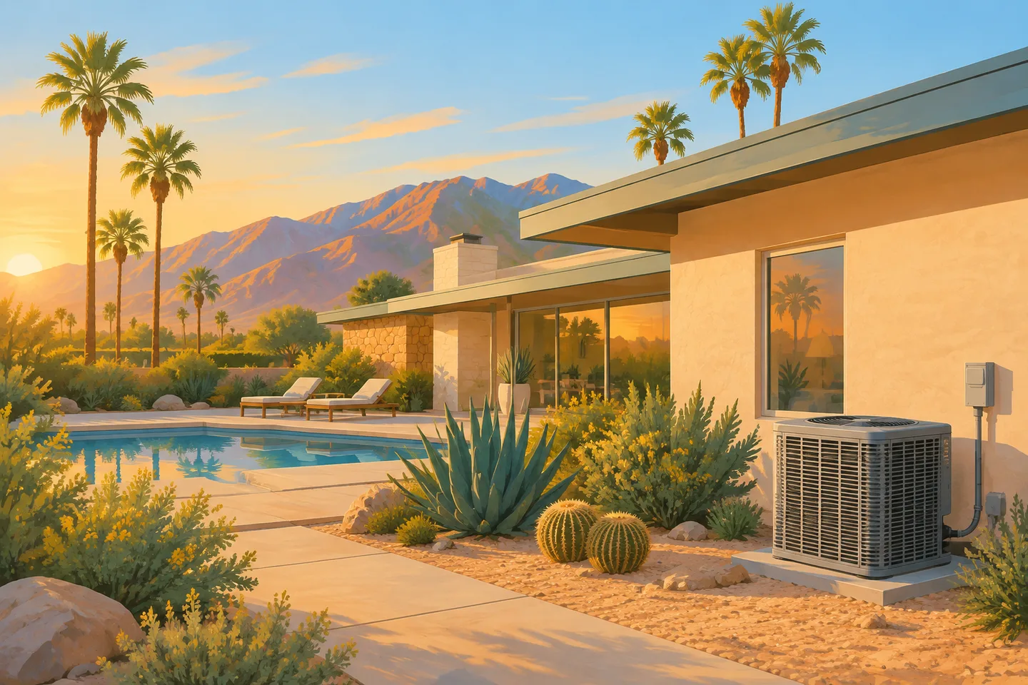 Illustrative desert home with a residential outdoor air conditioner