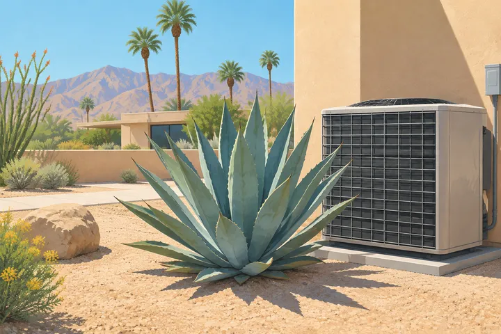 Illustrative detail of a home AC system in a desert setting