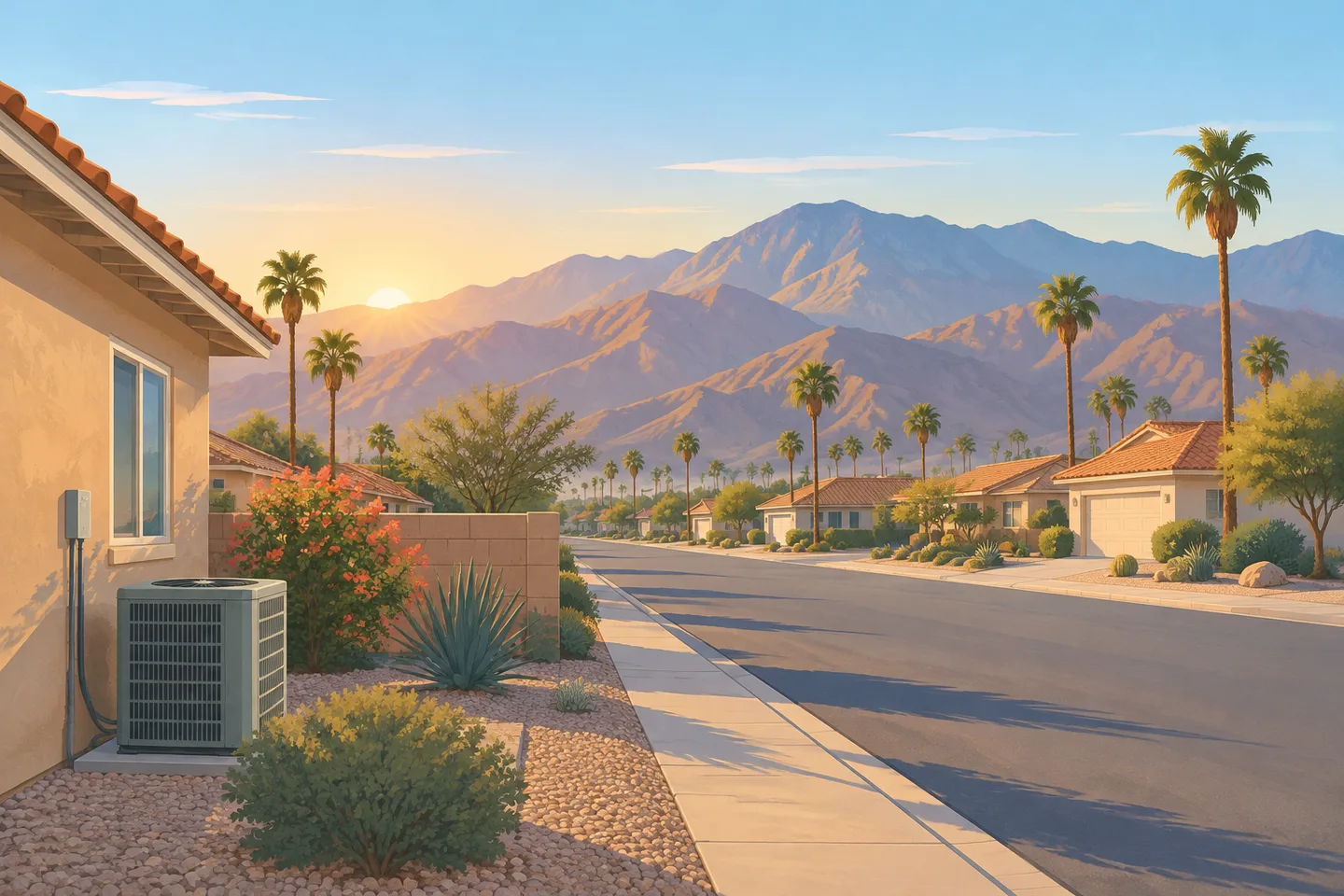 Illustrative desert home with a residential outdoor air conditioner