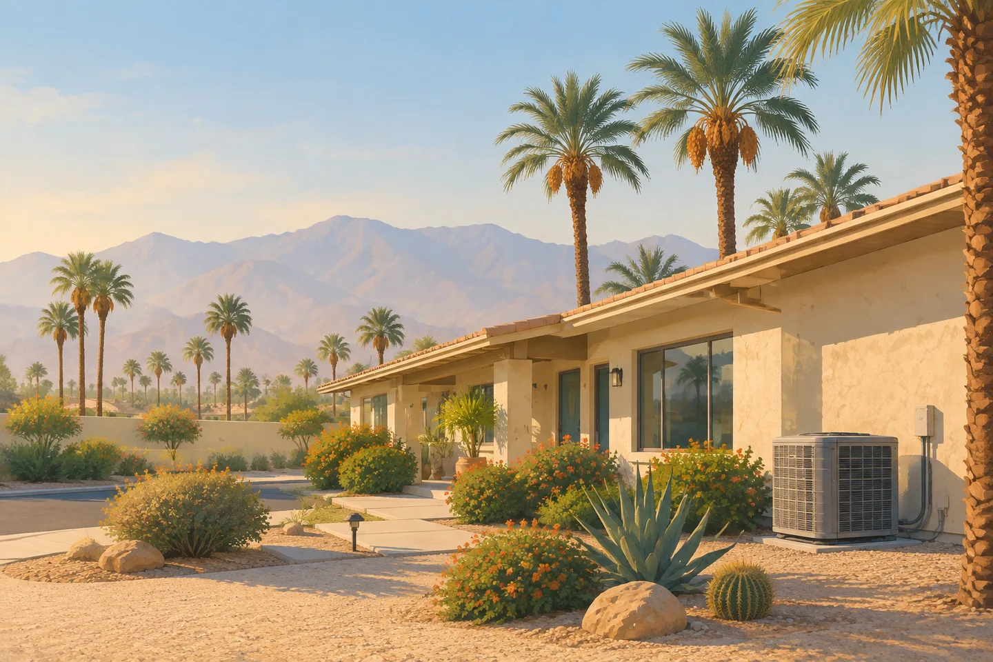 Illustrative desert home with a residential outdoor air conditioner