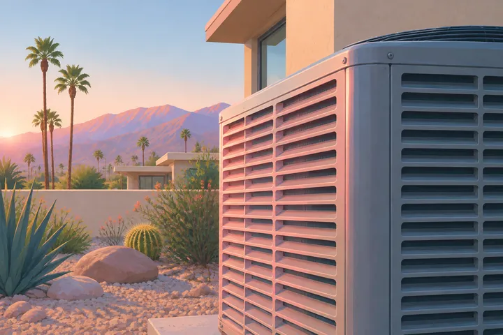 Illustrative detail of a home AC system in a desert setting