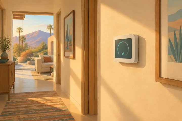 Illustrative desert home with residential AC equipment