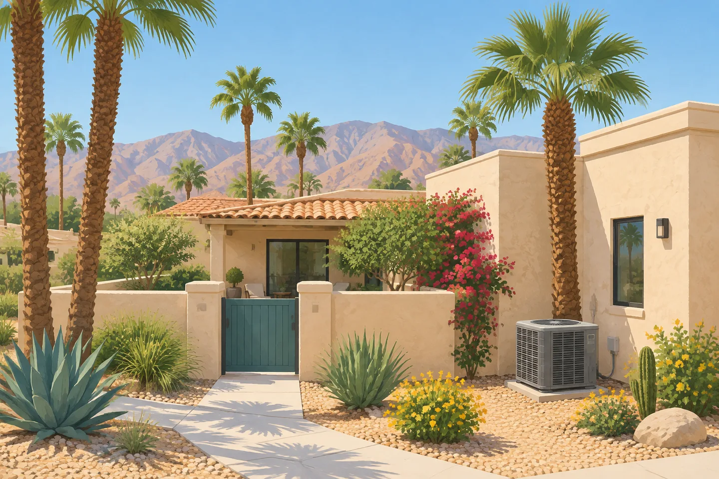 Illustrative desert home with a residential outdoor air conditioner
