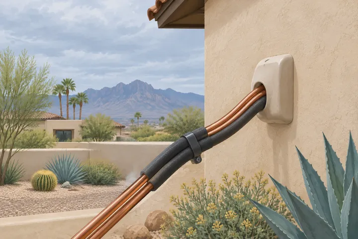 Illustrative detail of a home AC system in a desert setting