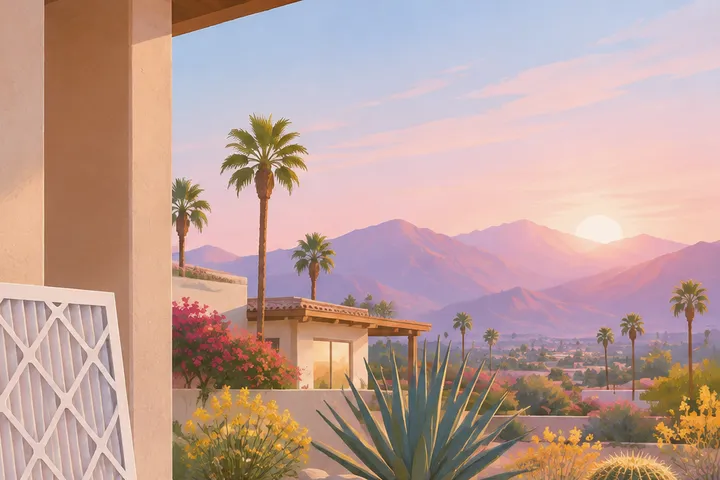 Illustrative detail of a home AC system in a desert setting