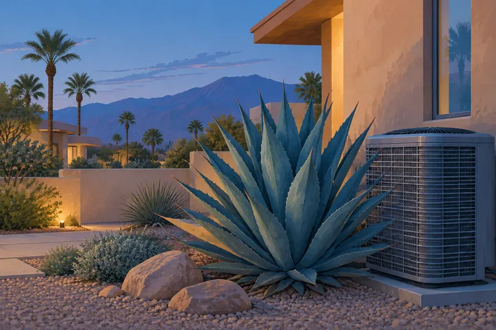 Illustrative desert home with residential AC equipment