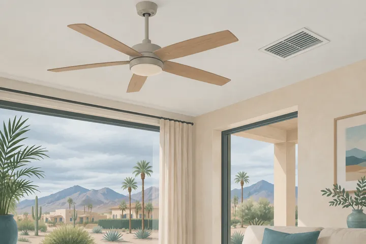 Illustrative desert home with residential AC equipment